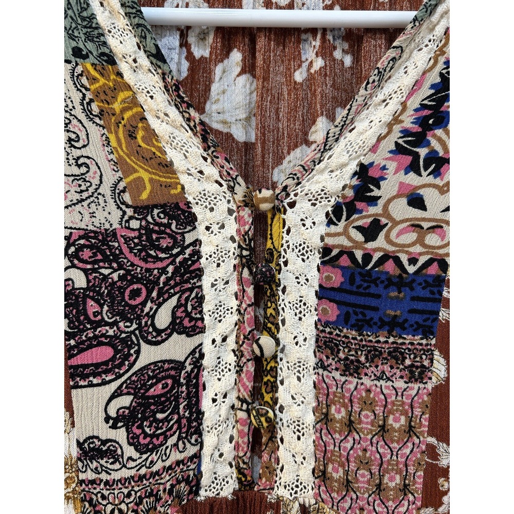 Womens Eccentric Bohemian Tunic Dress Size M Gauzy Hippie Crochet Lace Patchwork - Picture 3 of 7